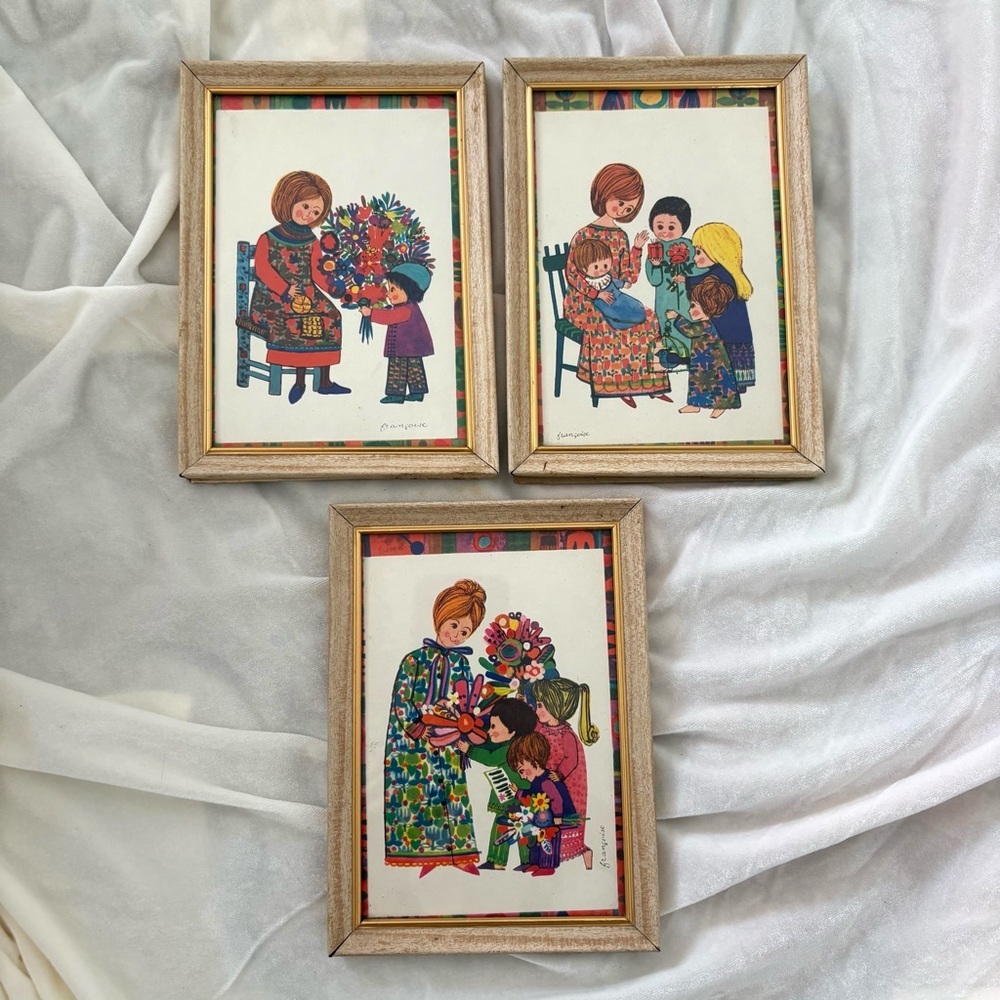 Vintage 70s colorful set of 3 art work print in wood frames mother child